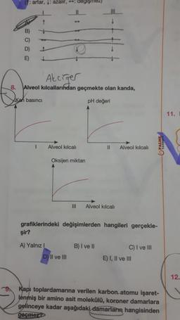 : artar,: azalır, : değişmez)
D)
E)
+
↓
Akciğer
8. Alveol kılcallarından geçmekte olan kanda,
pH değeri
Kan basıncı
I
Alveol kılcalı
şir?
A) Yalnız I
Oksijen miktarı
|||
D) II ve III
||
Alveol kılcalı
grafiklerindeki değişimlerden hangileri gerçekle-
B) I ve II
Alveol kılcalı
C) I ve III
E) I, II ve III
TE
Kapı toplardamarına verilen karbon atomu işaret-
lenmiş bir amino asit molekülü, koroner damarlara
gelinceye kadar aşağıdaki damarların hangisinden
geçmez?
11.
12.