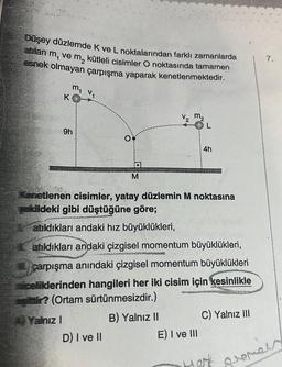 ANA
Düşey düzlemde K ve
atılan m, ve m₂ kütleli cisimler O noktasında tamamen
noktalarından farklı zamanlarda
esnek olmayan çarpışma yaparak kenetlenmektedir.
K
Yalnız I
m₁ v₁
9h
O
D) I ve II
M
Kenetlenen cisimler, yatay düzlemin M noktasına
şekildeki gibi düştüğüne göre;
atıldıkları andaki hız büyüklükleri,
atıldıkları andaki çizgisel momentum büyüklükleri,
carpışma anındaki çizgisel momentum büyüklükleri
celiklerinden hangileri her iki cisim için kesinlikle
esitir? (Ortam sürtünmesizdir.)
V₂ m2
B) Yalnız II
4h
E) I ve III
C) Yalnız III
Hert
7.
Shemels