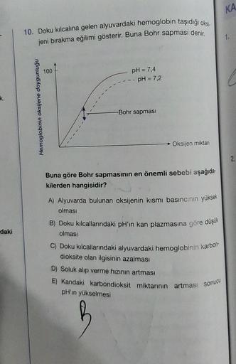 k.
daki
10. Doku kılcalina gelen alyuvardaki hemoglobin taşıdığı oksi
jeni bırakma eğilimi gösterir. Buna Bohr sapması denir.
Hemoglobinin oksijene doygunluğu
100
pH = 7,4
-- pH = 7,2
-Bohr sapması
Oksijen miktan
Buna göre Bohr sapmasının en önemli sebebi 
