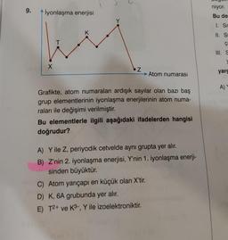 9.
İyonlaşma enerjisi
X
T
K
Y
Z
Atom numarası
Grafikte, atom numaraları ardışık sayılar olan bazı baş
grup elementlerinin iyonlaşma enerjilerinin atom numa-
raları ile değişimi verilmiştir.
Bu elementlerle ilgili aşağıdaki ifadelerden hangisi
doğrudur?
A) Y ile Z, periyodik cetvelde aynı grupta yer alır.
B) Z'nin 2. iyonlaşma enerjisi, Y'nin 1. iyonlaşma enerji-
sinden büyüktür.
C) Atom yarıçapı en küçük olan X'tir.
D) K, 6A grubunda yer alır.
E) T2+ ve K3-, Y ile izoelektroniktir.
niyor.
Bu de
1. Sr
II. S
Ça
III. S
J
yarg
A)