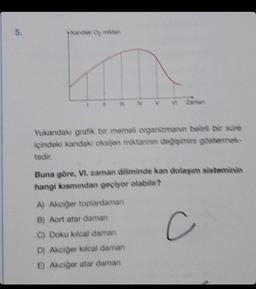 5.
*Kandaki Op miktan
m
V Zaman
Yukandaki grafik bir memeli organizmanın belirli bir süre
içindeki kandaki oksijen miktannin değişimini göstermek-
tedir.
Buna göre, VI. zaman diliminde kan dolaşım sisteminin
hangi kısmından geçiyor olabilir?
C
A) Akciğer toplardaman
B) Aort atar daman
C) Doku kılcal daman
D) Akciğer kılcal daman
E) Akciğer atar daman