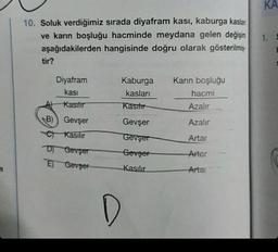 10. Soluk verdiğimiz sırada diyafram kası, kaburga kaslan
ve karın boşluğu hacminde meydana gelen değişim
aşağıdakilerden hangisinde doğru olarak gösterilmiş-
tir?
Diyafram
kası
Kasıtır
B) Gevşer
C) Kasılır
D) Gevşer
E) Gevşer
D
Kaburga Karın boşluğu
kasları
hacmi
Kasıtır
Gevşer
Gevşer
Gevşer
Kasılır
Azalır
Azalır
Artar
Arter
Artar
KA
1.