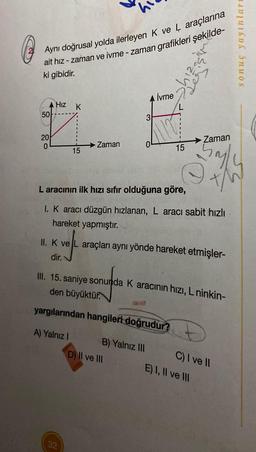 Aynı doğrusal yolda ilerleyen K ve L araçlarına
ait hiz-zaman ve ivme - zaman grafikleri şekilde-
ki gibidir.
50
20
0
Hız
K
15
A) Yalnız I
➜ Zaman
32
3
İvme
L aracının ilk hızı sıfır olduğuna göre,
1. K aracı düzgün hızlanan, L aracı sabit hızlı
hareket yapmıştır.
15
II. K ve L araçları aynı yönde hareket etmişler-
dir.
B) Yalnız III
D) II ve III
III. 15. saniye sonunda K aracının hızı, L ninkin-
den büyüktür.
yargılarından hangileri doğrudur?
Puk
Zaman
25/0
th
E) I, II ve III
C) I ve II
sonuç yayınlar