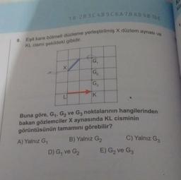 1.B 2.B 3.C 4.B 5.C 6.A 7.B 8.B 9.B 10.E
9. Eşit kare bölmeli düzleme yerleştirilmiş X düzlem aynası ve
KL cismi şekildeki gibidir.
X
G₁
G₂
G₁
K
Buna göre, G₁, G₂ ve G3 noktalarının hangilerinden
bakan gözlemciler X aynasında KL cisminin
görüntüsünün tamamını görebilir?
A) Yalnız G₁
B) Yalnız G₂
D) G₁ ve G₂
C) Yalnız G3
E) G₂ ve G3
KE