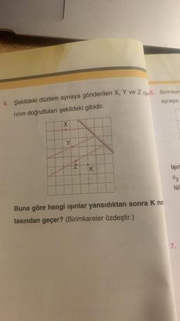 4. Şekildeki düzlem aynaya gönderilen X, Y ve Z 16. Birimkar
aynaya
rinin doğrultuları şekildeki gibidir.
X
Y
AN
Z
K
Buna göre hangi ışınlar yansıdıktan sonra K no
tasından geçer? (Birimkareler özdeştir.)
Işın
02
lül
7.