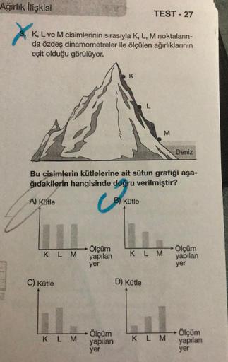 Ağırlık İlişkisi
X
K, L ve M cisimlerinin sırasıyla K, L, M noktaların-
da özdeş dinamometreler ile ölçülen ağırlıklarının
eşit olduğu görülüyor.
C) Kütle
KLM
yapılan
yer
K
Ölçüm
yapılan
yer
Bu cisimlerin kütlelerine ait sütun grafiği aşa-
ğıdakilerin hang