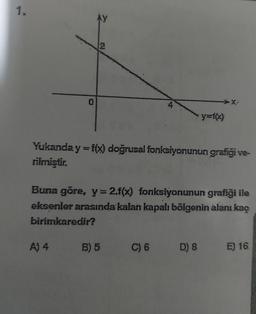 1.
Ay
Yukanda y = f(x) doğrusal fonksiyonunun grafiği ve-
rilmiştir.
A) 4
y=f(x)
Buna göre, y = 2.f(x) fonksiyonunun grafiği ile
eksenler arasında kalan kapalı bölgenin alanı kaç
birimkaredir?
B) 5 C) 6 D) 8
E) 16