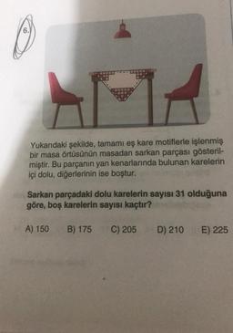 Yukarıdaki şekilde, tamamı eş kare motiflerle işlenmiş
bir masa örtüsünün masadan sarkan parçası gösteril-
miştir. Bu parçanın yan kenarlarında bulunan karelerin
içi dolu, diğerlerinin ise boştur.
Sarkan parçadaki dolu karelerin sayısı 31 olduğuna
göre, boş karelerin sayısı kaçtır?
A) 150
B) 175
C) 205
D) 210
E) 225