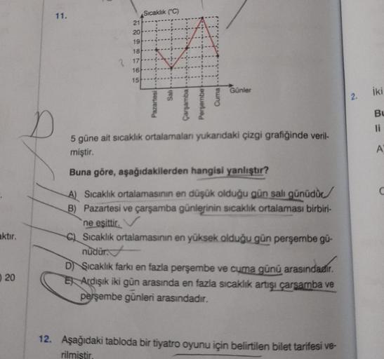 aktır.
20
11.
21
20
19
18
17
16
15
Sıcaklık (C)
Pazartesi
Sahi
Çarşamba.
Perşembe
Cuma
Günler
5 güne ait sıcaklık ortalamalan yukarıdaki çizgi grafiğinde veril-
miştir.
Buna göre, aşağıdakilerden hangisi yanlıştır?
A) Sıcaklık ortalamasının en düşük olduğu