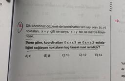 0
810
SA
Dik koordinat düzleminde koordinatları tam sayı olan (x, y)
noktaları, x + y çift ise sarıya, x + y tek ise maviye boya-
niyor.
Buna göre, koordinatları 0≤x≤3 ve 0≤ y ≤ 3 eşitsiz-
liğini sağlayan noktaların kaç tanesi mavi renklidir?
A) 6
C) 10
D) 12
E) 14
B) 8
Sonuç
10.
Yul
4x
eşi