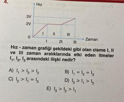 4.
3V
2V
0
Hız
T
A) 1₁ > 13 > 1₂
C) 1₂ > 1₁ = 13
||
|||
t
2t
3t
Zaman
nust m
Hız - zaman grafiği şekildeki gibi olan cisme I, II
ve III zaman aralıklarında etki eden itmeler
1₁, 12, 13 arasındaki ilişki nedir?
B) 1₁ = 1₂ = 13
D) 13 > 1₁ > 1₂
E) 13 >1₂ > 1₁