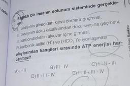 neden
Sağlıklı bir insanın solunum sisteminde gerçekle-
şen,
oksijenin alveoldan kılcal damara geçmesi,
II. oksijenin doku kılcallarından doku sıvısına geçmesi,
III. karbondioksitin alyuvar içine girmesi,
IV.karbonik
asitin (H*) ve (HCO3)'e iyonlaşması
olaylarından hangileri sırasında ATP enerjisi har-
canmaz?
A) I-II
B) III - IV
D) II - III - IV
C) II-III
E) 1 - H - III-IV
nii Soru Bankası