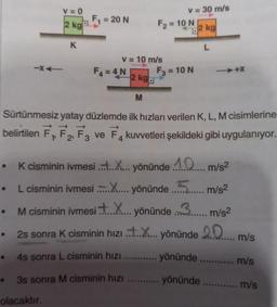 -X4
•
V=0
2 kg
K
olacaktır.
F₁ = 20 N
V = 10 m/s
F4=4N
2 kg.
V = 30 m/s
F₂ = 10 N
F3 = 10 N
2 kg
L
M
Sürtünmesiz yatay düzlemde ilk hızları verilen K, L, M cisimlerine
belirtilen F₁, F2, F3 ve F4 kuvvetleri şekildeki gibi uygulanıyor.
-+
•
K cisminin ivmesi .....X.... yönünde 1.0..... m/s²
• L cisminin ivmesi ....X.... yönünde ........ m/s²
M cisminin ivmesi.....X... yönünde ....... m/s²
3
2s sonra K cisminin hızı .....X.... yönünde 2.0..... m/s
4s sonra L cisminin hızı ............ yönünde ............ m/s
3s sonra M cisminin hızı
yönünde ............ m/s