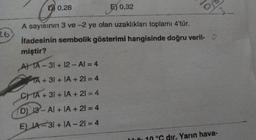 26
G
A sayısının 3 ve-2 ye olan uzaklıkları toplamı 4'tür.
D 0,28
E) 0,32
ifadesinin sembolik gösterimi hangisinde doğru veril-O
miştir?
A) TA-31+ 12-Al = 4
FTA
TA+31+ IA +21=4
C) A+31 + 1A+21 = 4
D) 13-Al + 1A+21= 4
EIA-31+ 1A-21 = 4
ň 10 °C dir. Yarın hava-