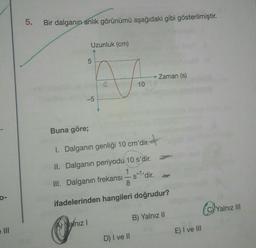 0-
5.
Bir dalganın anlık görünümü aşağıdaki gibi gösterilmiştir.
Uzunluk (cm)
5
LO
-5
Yalnız I
10
Buna göre;
I. Dalganın genliği 10 cm'dir.
II. Dalganın periyodu 10 s'dir.
1
-s-1'dir.
III. Dalganın frekansı
8
ifadelerinden hangileri doğrudur?
D) I ve II
Zaman (s)
B) Yalnız II
E) I ve III
Yalnız III