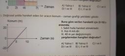 X
0
20
0
2t 4t
-20
5
7t
3. Doğrusal yolda hareket eden bir aracın konum-zaman grafiği şekildeki gibidir.
Konum (m)
Buna göre verilen hareketli için (0-10) s
arasında;
10
→ Zaman
A) Yalnız I
D) I ve III
Zaman (s)
langile doğrudur?
B) Yalnız II
E) I, II ve Ill
C) I ve II
I. Sabit hızla hareket etmektedir.
II. Hızı 4 m/s dir.
III. 40 m yer değiştirmiştir.
yargılarından hangileri doğrudur?
A) Yalnız I B) Yalnız II C) I ve II
D) I ve III E) I, II ve III