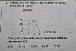 33. Doğrusal bir yolda hareket eden bir aracın hız-zaman
grafiği şekildeki gibidir.
hız (m/s)
30
20
0
zaman (s)
2 4 6
Buna göre aracın (0-6) saniye arasındaki ortalama
hızı kaç m/s'dir?
A) 20
B) 22
C) 25
D) 27
E) 30