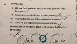 5.
Bir insanda,
1.
Böbrek üstü bezinden kana adrenalin hormonu salgı-
lanması
✓
Kan plazmasındaki hidrojen yoğunluğunun artması
III. Hücrelerdeki oksijenli solunum olayının hızlanması
IV. Vücut içi sıcaklığın normalin üstüne çıkması
durumlarından hangileri soluk alış verişini hızlandırıcı
etki yapar?
11
Allev
Belli
11,111
Gramos
Chill ce i
1,11,111, IV