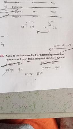 B)
Artar
C) Değişmez
D
Değişmez
Değişmez
ET
- 1
4
A) 40
20
39y
19
Artar
Artar
Artar
16 18
C) ¹2x - 13y
Azalır
16
78. Aşağıda verilen tanecik çiftlerinden hangisinin erime -
kaynama noktaları farklı, kimyasal özellikleri aynıdır?
B) 40v
Arter
Arter
Azalır
Azalır
E) 35X-37Y7+
Sº
16
e=p=n
20
D) 12x4--12y2+