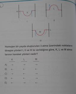 3.
A)
B)
C)
D)
E)
K
ter pry
tut
Homojen bir yayda oluşturulan 3 atma üzerindeki noktaların
titreşim yönleri I, II ve III te verildiğine göre, K, L ve M atma-
larının hareket yönleri nedir?
L
M
↑↓
hot
M
↓↓↓↑
|||
↑↓↑↑↓