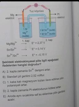 Mg
elektrot
Mg/Mg²+
Sn/Sn²+
Sn²+/Sn4+
1 M
2+
Mg²+
(suda)
1. kap
V
eeeeeee
Tuz köprüsü
1 M Sn (suda)
1 M Sn
(suda)
2. kap
Pt
elektrot
E = 2,37 V
E° = 0,14 V
E° = -0,15 V
Şekildeki elektrokimyasal pille ilgili aşağıdaki
ifadelerden hangisi doğrudur?
4+
A) 2. kapta zamanla Sn** derişimi artar.
B) Standart pil gerilimi 2,52 volttur.
C) 1. kaba kati magnezyum tozları ilave edilirse pilin
potansiyeli artar.
D) 2. kapta zamanla Pt elektrodunun kütlesi artar.
E) Anoda aynı sıcaklıkta saf su eklenirse pilin gerilimi
azalır.