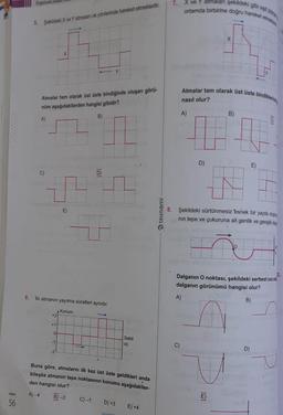 -
56
Uygulama A
5. Şekildeki X ve Yatmalan ok yönlerinde hareket etmektedir.
Atmalar tam olarak üst üste bindiğinde oluşan görü-
nüm aşağıdakilerden hangisi gibidir?
A)
B)
C)
+2
6. Iki atmanın yayılma süratleri aynıdır.
Konum
+1
E)
0
D)
C) -1
Buna göre, atmaların ilk kez üst üste geldikleri anda
bileşke atmanın tepe noktasının konumu aşağıdakiler-
den hangisi olur?
A)-4
B)-3
Sabit
uç
D) +3
E) +4
Wunsie
7. X ve Y atmalari şekildeki gibi
ortamda birbirine doğru hareket etme
Atmalar tam olarak üst üste bindikleri
nasıl olur?
A)
C)
D)
X
B)
E)
8. Şekildeki sürtünmesiz esnek bir yayda ol
nin tepe ve çukuruna ait genlik ve genişlik
the
E)
2.
Dalganın O noktası, şekildeki serbest uca
dalganın görünümü hangisi olur?
A)
B)
jest
D)