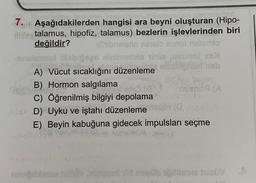 7. Aşağıdakilerden hangisi ara beyni oluşturan (Hipo-
atalamus, hipofiz, talamus) bezlerin işlevlerinden biri
değildir?
allhibnelelin ensib sunoi nelamlo
meni biabığsas ninimotala inia veunol as
Vent d
A) Vücut sıcaklığını düzenleme
B) Hormon salgılama
C) Öğrenilmiş bilgiyi depolama
Huenda (A
(0,643
E) Beyin kabuğuna gidecek impulsları seçme
Sex D) Uyku ve iştahı düzenleme
ruruğbisole
Digiteste tus0V