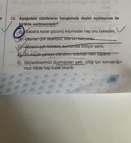 a
13. Aşağıdaki cümlelerin hangisinde deyim açıklayıcısı ile
birlikte verilmemiştir?
Ⓡ
A) Sabaha kadar gözümü kırpmadan hep onu bekledim.
Olanları çok abartıyor, bire bir katıyordu.
Annemi çok özledim, burnumda tütüyor sanki.
D)/En küçük şakaya bile alınır, buluttan nem kapardı.
E) Söylediklerimizi duymazdan gelir, iyiliği için konuştuğu-
muz hâlde hep kulak tıkardı.
23