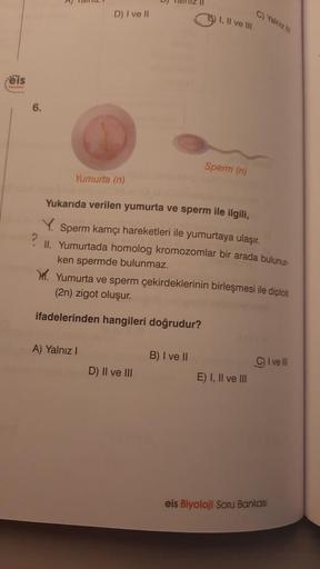 eis
******
6.
D) I ve II
Yumurta (n)
A) Yalnız I
Sen
D) II ve III
Tainiz
5) I, II ve III
Yukarıda verilen yumurta ve sperm ile ilgili,
Y Sperm kamçı hareketleri ile yumurtaya ulaşır.
II. Yumurtada homolog kromozomlar bir arada bulunur
ken spermde bulunmaz.