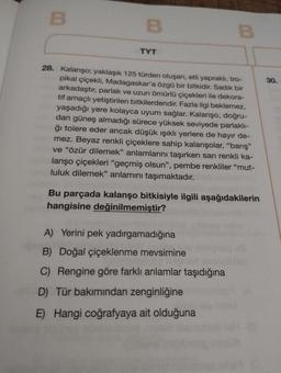 B
B
TYT
B
28. Kalanşo; yaklaşık 125 türden oluşan, etli yapraklı, tro-
pikal çiçekli, Madagaskar'a özgü bir bitkidir. Sadık bir
arkadaştır, parlak ve uzun ömürlü çiçekleri ile dekora-
tif amaçlı yetiştirilen bitkilerdendir. Fazla ilgi beklemez,
yaşadığı yere kolayca uyum sağlar. Kalanşo, doğru-
dan güneş almadığı sürece yüksek seviyede parlaklı-
ğı tolere eder ancak düşük ışıklı yerlere de hayır de-
mez. Beyaz renkli çiçeklere sahip kalanşolar, "barış"
ve "özür dilemek" anlamlarını taşırken sarı renkli ka-
lanşo çiçekleri "geçmiş olsun", pembe renkliler "mut-
luluk dilemek" anlamını taşımaktadır.
Bu parçada kalanşo bitkisiyle ilgili aşağıdakilerin
hangisine değinilmemiştir?
A) Yerini pek yadırgamadığına
B) Doğal çiçeklenme mevsimine
C) Rengine göre farklı anlamlar taşıdığına
D) Tür bakımından zenginliğine
E) Hangi coğrafyaya ait olduğuna
10
30.
