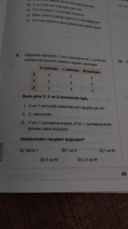 B) K ve L'deki sivi basınçlan eşit olur.
C) X'in özkütlesi Y'ninkinden büyüktür.
D) Kabin zemine yaptığı basınç kuvveti değişmez.
EX'in kap tabanına göre potansiyel enerjisi azalır.
8. Aşağıdaki tabloda X, Y ve Z atomlarının K, L ve M kat-
manlarında bulunan elektron sayıları verilmiştir.
K katmanı L katmanı M katmanı
2
2
2
2
8
2
X
sinci ilk duruma göre artmişte
Y
Z
A) Yalnız I
8
D) II ve III
2
Buna göre X, Y ve Z atomlarıyla ilgili,
1. X ve Y periyodik sistemde aynı grupta yer alır.
II. X, kararsızdır.
III. Y'nin 1. iyonlaşma enerjisi, Z'nin 1. iyonlaşma ener-
jisinden daha büyüktür.
ifadelerinden hangileri doğrudur?
B) I ve II
3
E) I, II ve III
C) I ve III
Aji ve
10. A
29