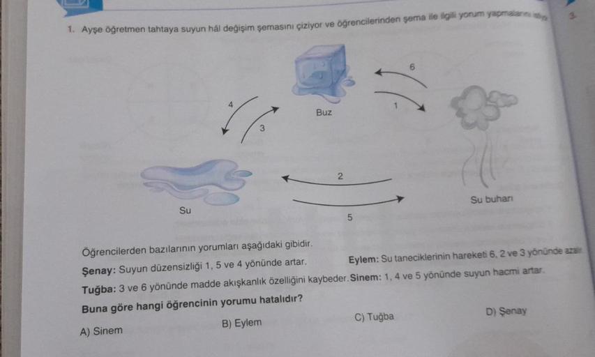 1. Ayşe öğretmen tahtaya suyun hal değişim şemasını çiziyor ve öğrencilerinden şema ile ilgili yorum yapmalann
Su
&
3
Buz
2
5
Su buharı
Öğrencilerden bazılarının yorumları aşağıdaki gibidir.
Eylem: Su taneciklerinin hareketi 6, 2 ve 3 yönünde azar
Şenay: S