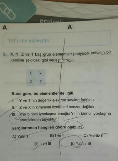 A
DEKicsi
TYT/FEN BİLİMLERİ
X
9. X, Y, Z ve T baş grup elementleri periyodik cetvelin bir
kesitine şekildeki gibi yerleştirilmiştir.
Y
Z T
A
Buna göre, bu elementler ile ilgili,
A
Y ve T'nin değerlik elektron sayıları farklıdır.
I. Z ve X'in kimyasal özell