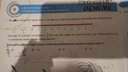 B
. Bu testte 20 soru vardır.
• Cevaplarınızı, cevap kâğıdına işaretleyiniz.
1. Bir çubuk, ardışık tam sayılar arası 1 cm olan sayı doğrusuna aşağıda gösterildiği gibi yerleştirilmiştir.
z=
-32-
3
3
Uzunluğu bu çubuğun uzunluğunun'üne eşit olan başka bir çubuk ise aynı sayı doğrusuna bir ucu
-5 noktasında olacak şekilde yerleştirilecektir.
-8 -7 -6 -5
AX-12
8 -37
3-5
-4
+
Sóz
-3
Matematik
DENEME
-2
20
-1
Buna göre çubuğun diğer ucunun hizasında olabilecek tam sayıların toplamı kaçtır?
0
B) -10
C) -8
D) -6
0
1
S
302
4. Ferc