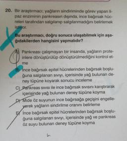 20. Bir araştırmacı; yağların sindiriminde görev yapan li-
paz enziminin pankreasın dışında, ince bağırsak hüc-
releri tarafından salgılanıp salgılanmadığını belirlemek
istiyor.
Bu araştırmacı, doğru sonuca ulaşabilmek için aşa-
ğıdakilerden hangisini yapmalıdır?
Pankreası çalışmayan bir insanda, yağların prote-
inlere dönüştürülüp dönüştürülmediğini kontrol et-
me
B) Ince bağırsak epitel hücrelerinden bağırsak boşlu-
ğuna salgılanan sıvıyı, içerisinde yağ bulunan de-
ney tüpüne koyarak sonucu inceleme
C) Pankreas SIVISI ile ince bağırsak sıvışını karıştırarak
içerisinde yağ bulunan deney tüpüne koyma
D) Mide öz suyunun ince bağırsağa geçişini engelle-
yerek yağların sindirilme oranını belirleme
E ince bağırsak epitel hücrelerinden bağırsak boşlu-
ğuna salgılanan sıvıyı, içerisinde yağ ve pankreas
öz suyu bulunan deney tüpüne koyma
h