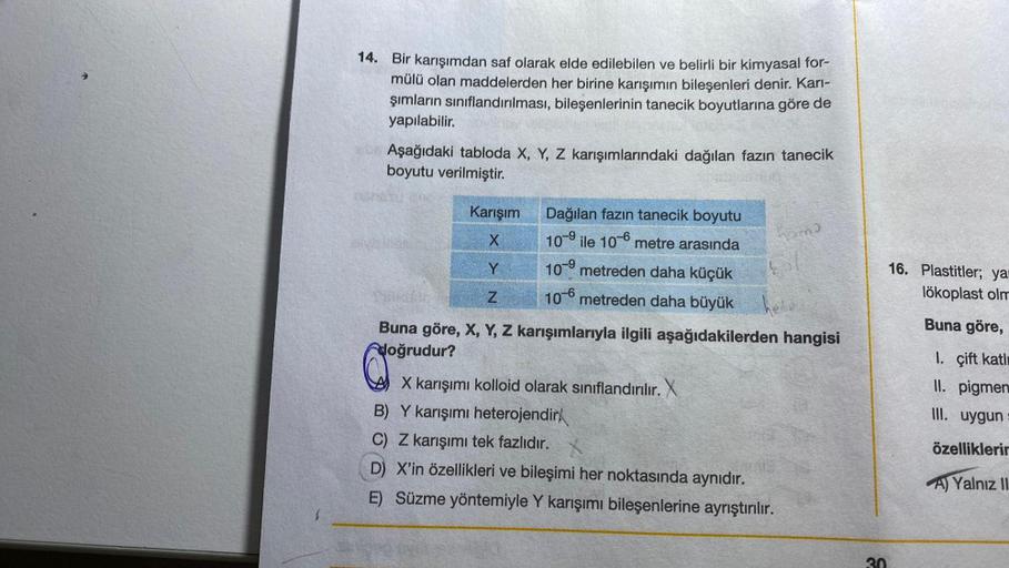 14. Bir karışımdan saf olarak elde edilebilen ve belirli bir kimyasal for-
mülü olan maddelerden her birine karışımın bileşenleri denir. Karı-
şımların sınıflandırılması, bileşenlerinin tanecik boyutlarına göre de
yapılabilir.
Aşağıdaki tabloda X, Y, Z kar