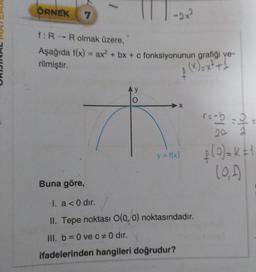 ÖRNEK 7
-2x²
f: R-R olmak üzere,
Aşağıda f(x) = ax² + bx+c fonksiyonunun grafiği ve-
rilmiştir.
f (x)=x² + 1
Buna göre,
y = f(x)
I. a < 0 dir.
II. Tepe noktası O(0, 0) noktasındadır.
III. b = 0 ve c #0 dir.
ifadelerinden hangileri doğrudur?
"
ofa
20
f(0) = K = 1
(0,0)