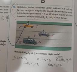 en şekilde
trik akımı
ları, teller
42
Ⓒuki
pileşke
doğru
10. Kütleleri m, hızları v cinsinden verilen şekildeki X, Y ve Z araç-
ları fren yaptığında araçlara etki eden toplam sürtünme kuvvet
lerinin büyüklüğü sırasıyla F, F ve 2F oluyor. Araçlar sürtünme
kuvvetinin etkisiyle sırasıyla t. t ve t sürede duruyor.
F
2F
Z
A) 4x = y = ¹₂
2m
Y
(11
Buna göre ty, t, ve t, arasındaki ilişki nedir?
_D) ty >t₂ > lx
B) L > 4x4
2v
Cel
E) > Lly
>4 4