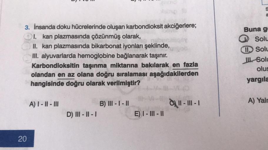 3. İnsanda doku hücrelerinde oluşan karbondioksit akciğerlere;
I. kan plazmasında çözünmüş olarak,
nob
II. kan plazmasında bikarbonat iyonları şeklinde,
III. alyuvarlarda hemoglobine bağlanarak taşınır.
Karbondioksitin taşınma miktarına bakılarak en fazla