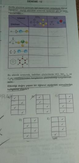 Sınıfta çözünme süreciyle ilgili kazanımları sorgulayan Kemal
Öğretmen, yaptığı etkinlikler sırasında aşağıdaki gibi bir tablo
hazırlamıştır
Çözünen
H-
PRA
H
Çözücü
H
DENEME-12
✓
Bu etkinlik sırasında, belirtilen çözücülerde HCI, NH₂, I, ve
CH maddelerinden hangilerinin gözünebildiği sorgulanmak-
tadu
D)
skrs
Etkinliği doğru yapan bir öğrenci aşağıdaki sonuçlardan
hangisine ulaşılır?
✓
H
✓
✓
H₂O
✓
HH
E)
✓
✓
✓
✓