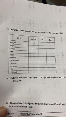 lenyor
TOMMUNICAT
123210 100/
ATT00-01-yes-cos
6. Aşağıda verilen tabloyu örneğe uygun şekilde doldurunuz. (10p)
Gürgen
Ihlamur
Geven
Ardıç
Sedir
Zakkum
Deve Dikeni
Gelincik
Kocayemiş
Ladin
Dişbudak
Bitki
Dönem
1 Dar
THIZATA
Orman
Ot
7. Endemik bitki nedir? Açıklayınız. Türkiye'deki endemik bitki tüm
veriniz.(10p)
E
Çalı
8. Dünya tarihine bakıldığında nüfusun 3 sıçrama dönemi vard
tabloyu doldurunuz. (10p)
Nüfusun Artma sebebi