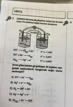 B. Şektideld devrede pli çalışırken elektronlar Ni elekt-
rottan Pd elektrota doğru hareket etmektedir.
w p
KİMYA
www
NINO
AÐμ
2cr →→C+26
2H +28
Tlave kental
kad
H
Ag* + e
A) 2H*+28¯
B) Ag* + e-Am
C) H-2H+26
D) Ag-Ag^+ e
E) Cl +287-20
JENTE
Buna göre katotta gerçekleşen ik tepkime aşa-
ğıdaki seçeneklerin hangisinde doğru olarak
verilmiştir?
Haw
6°=-1,36V
$° = 0,00V.
£* =-0,80V
H