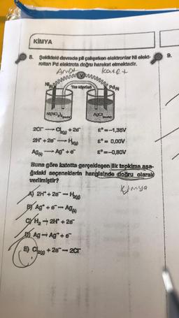 KİMYA
B. Şekildeld devrede pli çalışarken elektronlar Ni elekt-
rottan Pd elektrota doğru hareket etmektedir.
kare+
Amor
Jurr
20r
cer
ABU
NATO
2H*+28
Tie köprtial
M
+28
H₂
Ag+e
A) 2H*+28¯ **** H₂W
B) Ag* + e-Adm
6-
C/H₂ → 2H* +26
B) Ag-Ag+ e
E) Ca
px
+287-2cr
po
Buna göre katotta gerçekleşen ik tepkime ass-
Gıdakı seçeneklerin hangisinde doğru olarak
verilmiştir?
Kimya
6=-1,36V
Sº = 0,00V
£* =-0,80V
9.