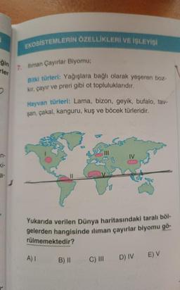 ğin
rler
n-
a-
EKOSISTEMLERİN ÖZELLİKLERİ VE İŞLEYİŞİ
7. Iliman Çayırlar Biyomu;
Bitki türleri: Yağışlara bağlı olarak yeşeren boz-
kır, çayır ve preri gibi ot topluluklarıdır.
Hayvan türleri: Lama, bizon, geyik, bufalo, tav-
şan, çakal, kanguru, kuş ve böcek türleridir.
Yukarıda verilen Dünya haritasındaki taralı böl-
gelerden hangisinde iliman çayırlar biyomu gö-
rülmemektedir?
A) I
B) II
IV
C) III
D) IV
E) V