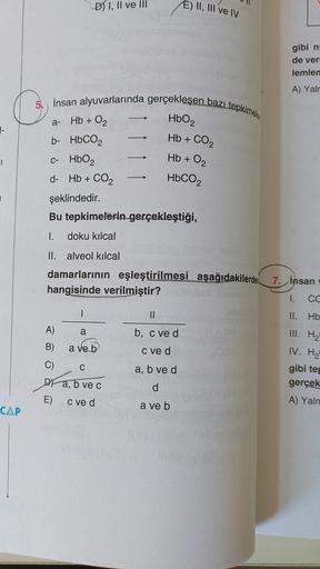 1-
|
CAP
D) I, II ve III
5. İnsan alyuvarlarında gerçekleşen bazı tepkimele
HbO₂
Hb+
a-
b- HbCO,
c- HbO₂
d- Hb + CO₂
şeklindedir.
Hb + O₂
A)
B)
C)
D)
E)
|
a
a ve b
-
C
a, b ve c
c ve d
E) II, III ve IV
Bu tepkimelerin gerçekleştiği,
I. doku kılcal
II. alve