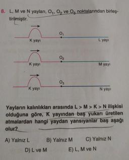 8. L, M ve N yayları, O₁, O₂ ve O₂ noktalarından birleş-
tirilmiştir.
K yayı
K yayı
K yayı
A) Yalnız L
0₁
D) L ve M
0₂
03
Yayların kalınlıkları arasında L> M > K> N ilişkisi
olduğuna göre, K yayından baş yukarı üretilen
atmalardan hangi yaydan yansıyanlar baş aşağı
olur?
B) Yalnız M
L yayı
M yayı
E) L, M ve N
N yayı
C) Yalnız N