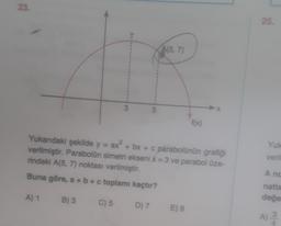 23.
3
A) 1
5
A(5, 7)
f(x)
Yukarıdaki şekilde y = ax² + bx + c parabolünün grafiği
verilmiştir. Parabolün simetri ekseni x = 3 ve parabol üze-
rindeki A(5, 7) noktası verilmiştir.
Buna göre, a + b + c toplamı kaçtır?
B) 3
C) 5
D) 7 E) 9
X
25.
Yuk
veril
A no
natla
değe
A) 3