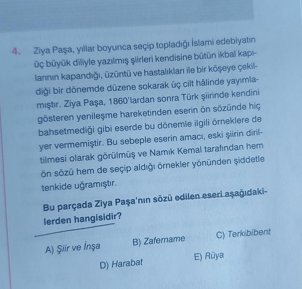 4.
Ziya Paşa, yıllar boyunca seçip topladığı İslami edebiyatın
üç büyük diliyle yazılmış şiirleri kendisine bütün ikbal kapı-
larının kapandığı, üzüntü ve hastalıkları ile bir köşeye çekil-
diği bir dönemde düzene sokarak üç cilt hâlinde yayımla-
mıştır. Z