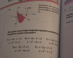 10.
y = f(x)
A) y + 2x-2 ≤0
y-x²-4≥0
d
Buna göre, taralı bölge aşağıdaki eşitsizlik sistemlerinden
hangisinin çözüm kümesidir?
Şekildeki dik koordinat
düzleminde y=f(x) parabo
lü ve d doğrusu gösterilmiş
tir.
B) x + 2y-2 ≤0
y-x² + 4x ≥0
D) y-2x+2 ≥0
y + x² - 4x ≥0
C) x-2y +220
y + x² - 4x<0
E) x + 2y + 220
y + x²-4≤0
(DE
1.
x²
x-y
denkler
lerden
A) (8, 2)