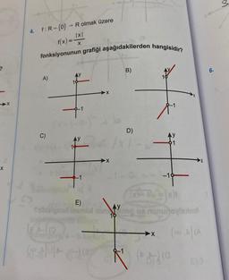 ?
▶X
X
4. f: R-{0}
f(x) =
fonksiyonunun grafiği aşağıdakilerden hangisidir?
A)
→>> R olmak üzere
)=!x1
X
C)
AY
B)
8-1
D)
4+
AY
[X-AV = (x)
E)
AY
Tilblaignar leemtul minnep ne mununoviexnol
199
(A) (A
X
-19-
E) 3
6.